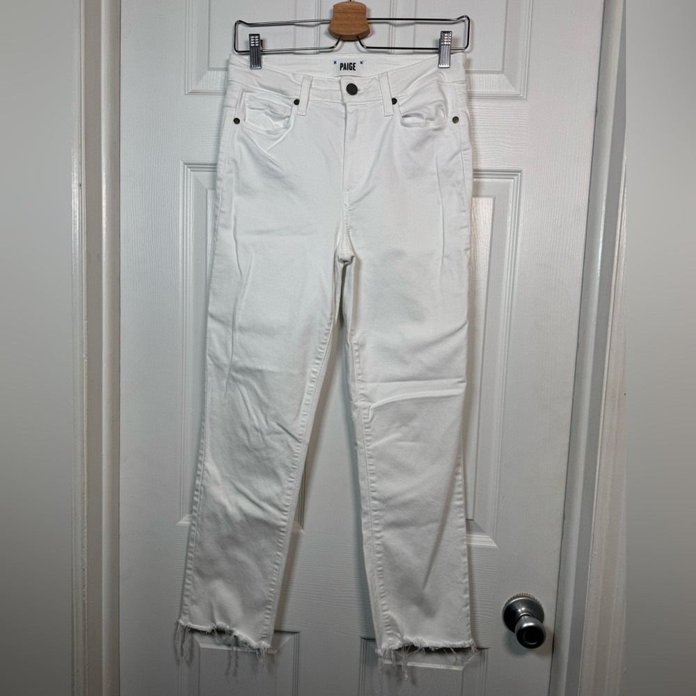 PAIGE Jacqueline Straight Jeans in White with Frayed Hem Size 28
